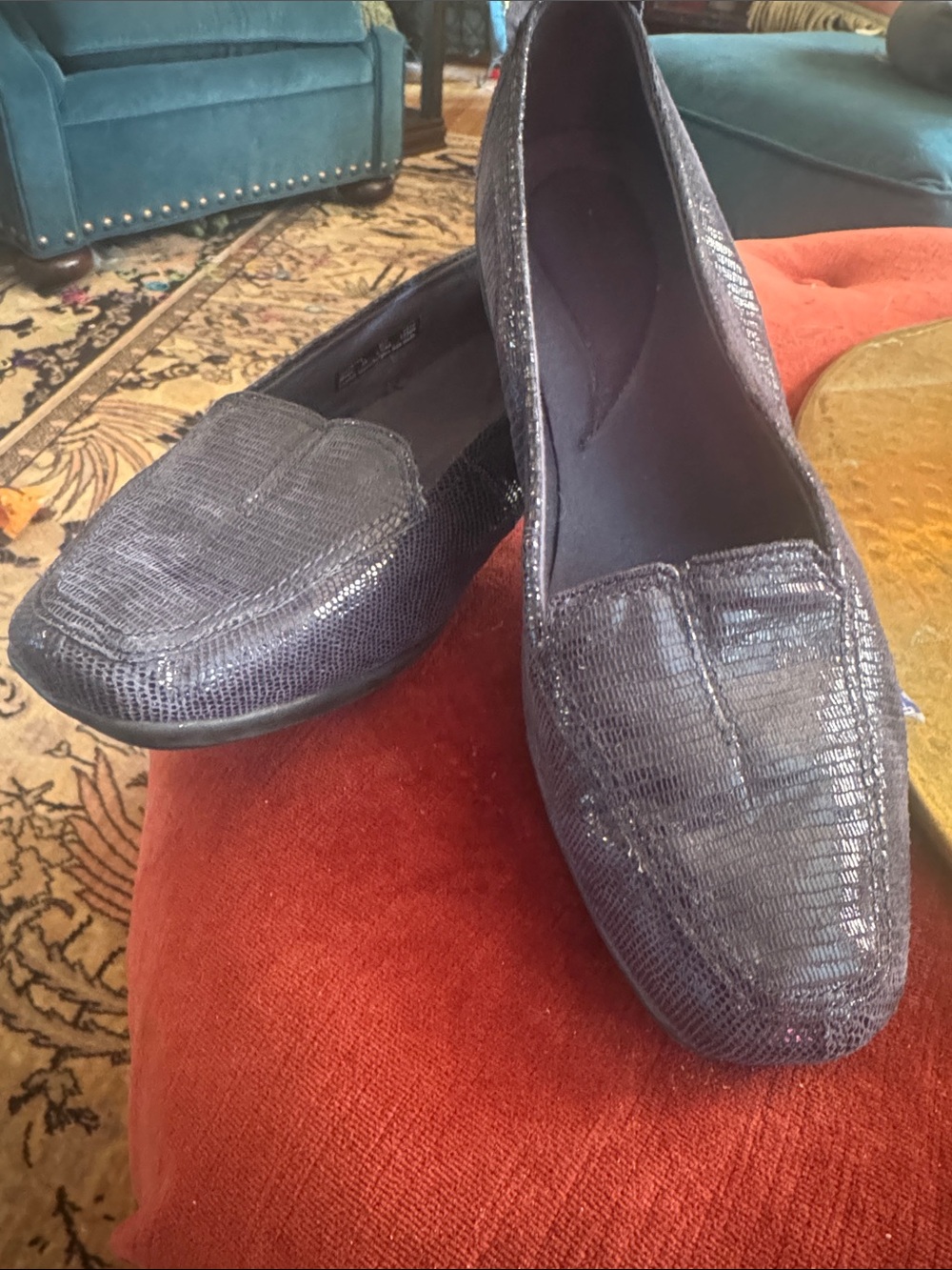Clarks Metallic Navy Textured Slip-On Loafers